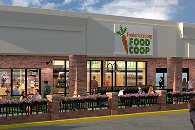 An artist's rendition of Fredericksburg Food Co-op featuring a brick storefront and outdoor patio for community members to gather.